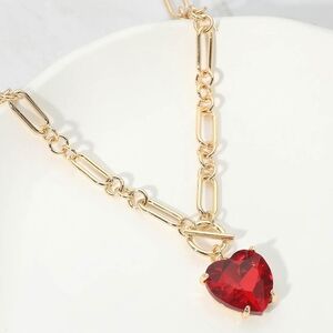 Red Heart Toggle Paperclip Link Crystal Pendant Necklace Gold Jewelry Chain